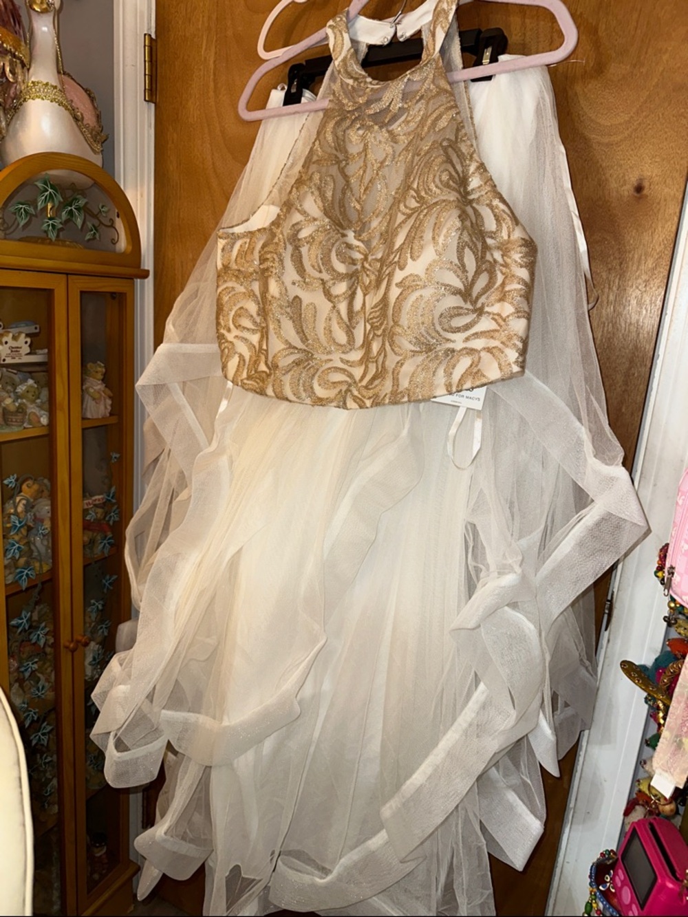 Ivory and Gold Embroidered Halter Tulle Dress for Girls